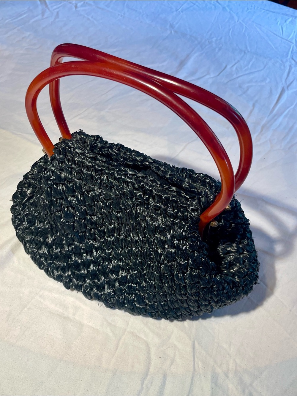 Vintage Black Woven Handbag with Amber Handles - MM Crotchet Straw